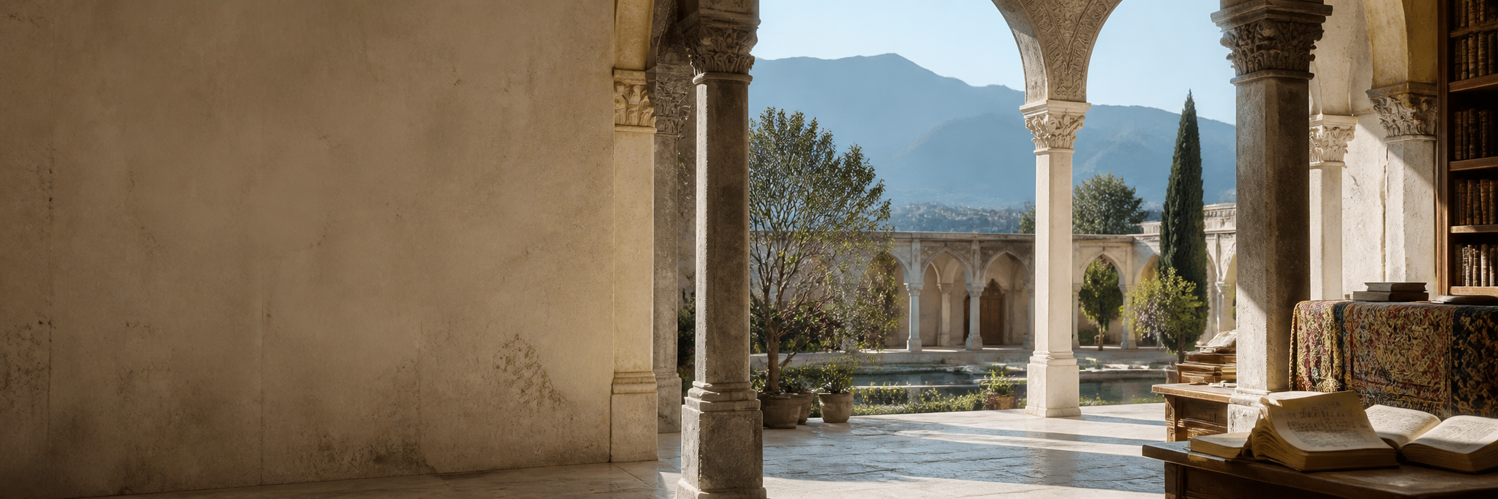 A library courtyard framed by Iranian arches